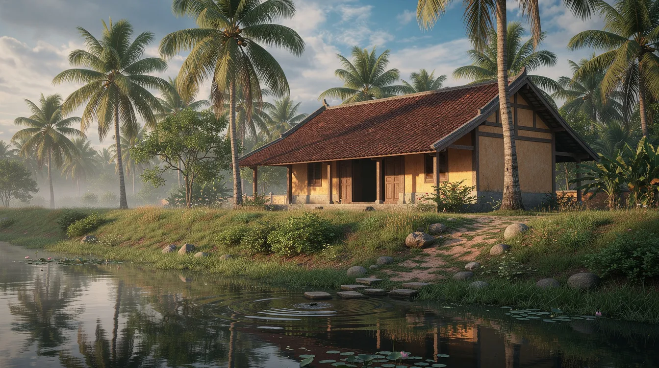 A traditional Vietnamese house is nestled among lush coconut palm trees and vibrant green vegetation, with a serene pond or canal visible in the foreground, evoking the tranquil charm of Hoi An, a UNESCO World Heritage site. This picturesque setting offers a glimpse into the region's rich culture and natural beauty, ideal for visitors exploring accommodation options near the ancient town.