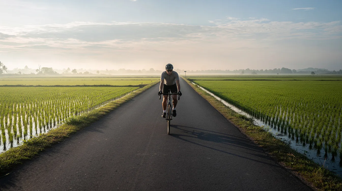 A cyclist rides along a flat road flanked by lush green rice paddies, illuminated by the soft morning light, creating a serene and picturesque scene typical of central Vietnam. This tranquil setting is reminiscent of the beautiful stretches around Hoi An, where visitors can explore the nearby vegetable village and enjoy the local eateries.