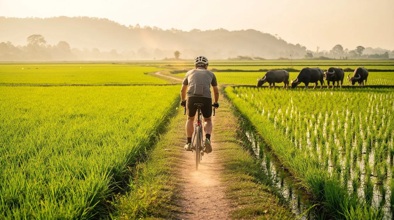 A cyclist rides along a dirt path flanked by vibrant green rice paddies, with a water buffalo grazing in the distance. This serene scene captures the essence of the surrounding countryside near Hoi An, a UNESCO World Heritage site known for its beautiful landscapes and rich culture.