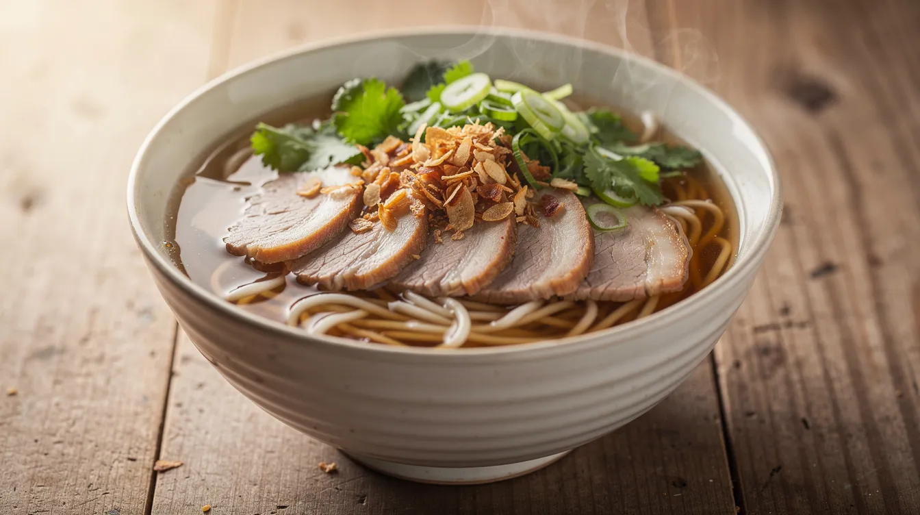 A steaming bowl of rice noodles topped with tender pork slices, fresh herbs, and crispy toppings is placed on a simple wooden table, showcasing a delightful representation of Vietnamese cuisine. This dish embodies the flavors you might encounter while exploring the vibrant food scene in Hoi An, a UNESCO World Heritage site known for its rich culinary traditions.