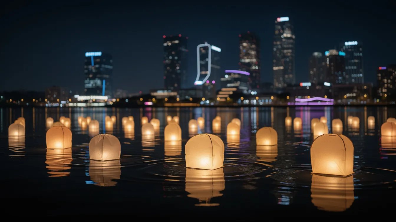 The image depicts colorful paper lanterns gracefully floating on dark water at night, casting reflections of beautifully lit buildings nearby. This serene scene captures the enchanting atmosphere of Hoi An, known for its lantern-lit streets and rich cultural heritage as a UNESCO World Heritage site.