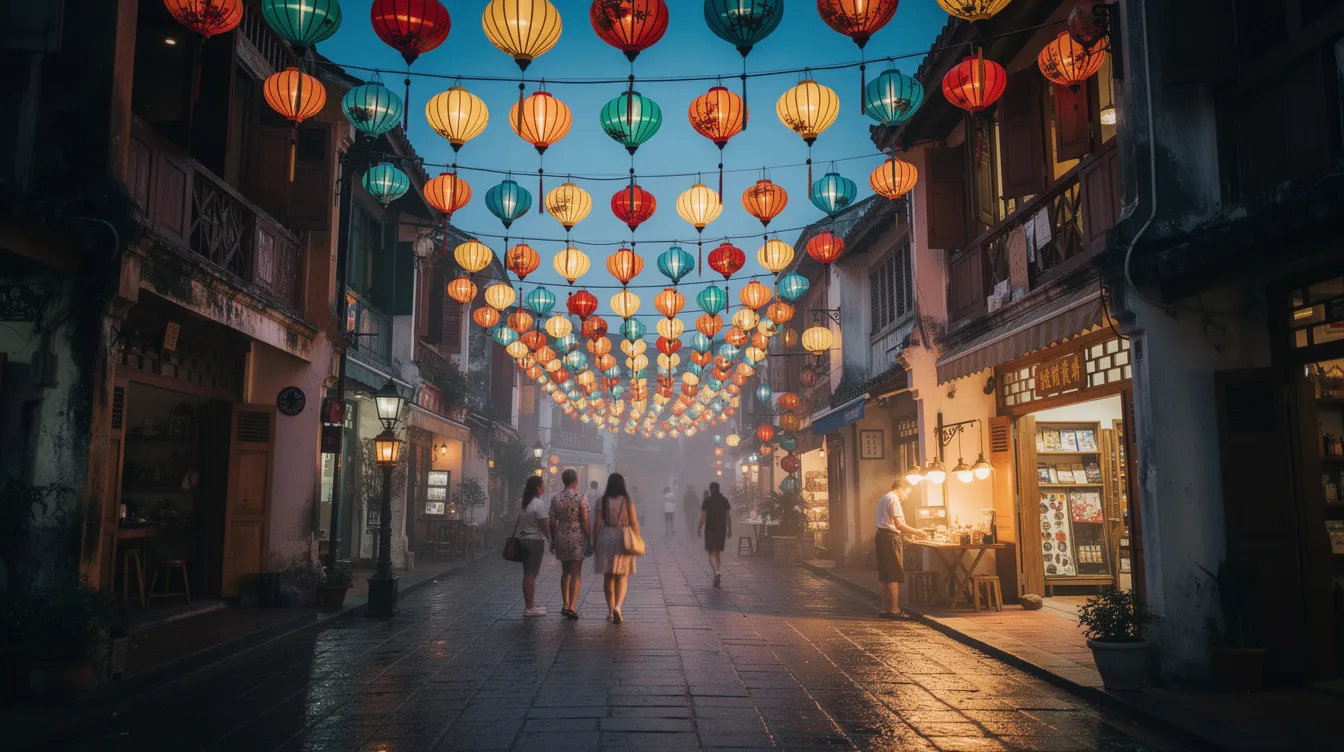 A narrow street in Hoi An's ancient town is illuminated by colorful silk lanterns hanging overhead at dusk, with traditional shophouses lining both sides and a few people strolling by, creating a vibrant atmosphere typical of this UNESCO World Heritage site. The scene invites visitors to explore local restaurants and boutique hotels within walking distance, making it a pleasant walk for first-time visitors.