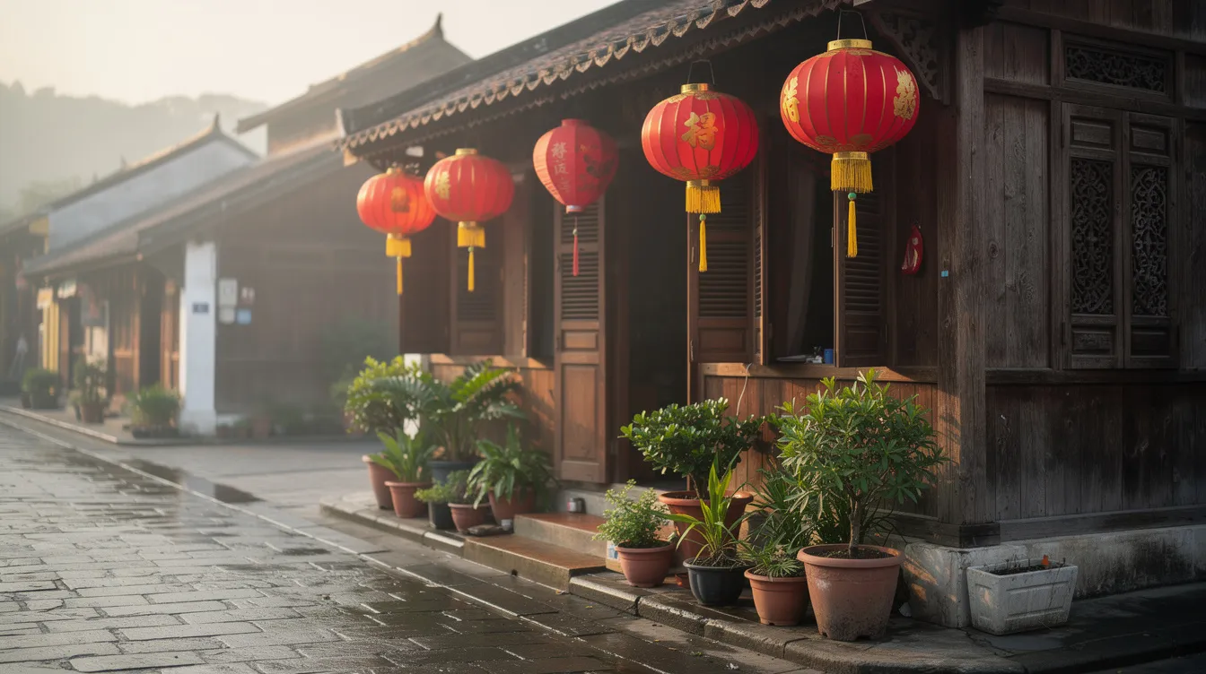 A traditional wooden shophouse adorned with vibrant red lanterns and surrounded by potted plants sits quietly on a morning street in Hoi An's ancient town. This picturesque scene captures the charm of local life in this UNESCO World Heritage site, inviting visitors to explore its narrow streets and enjoy Vietnamese cuisine.