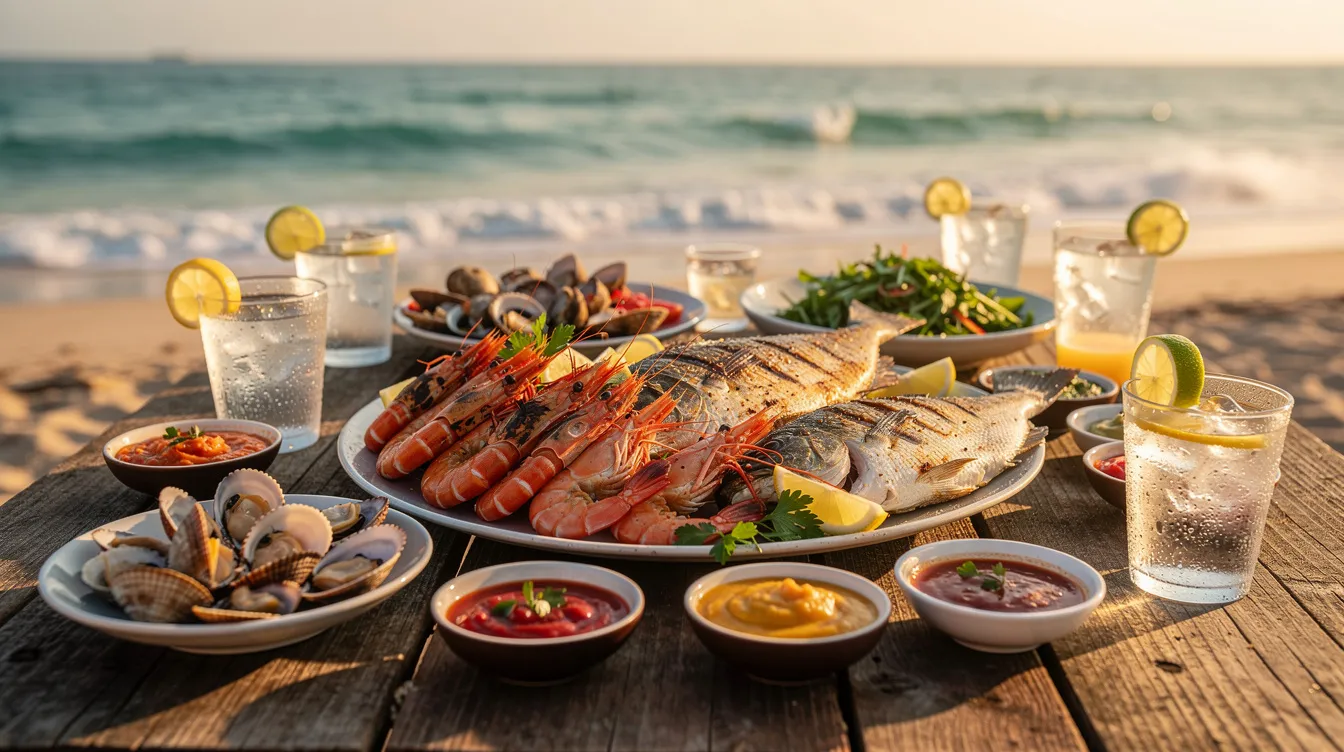 A vibrant seafood spread is laid out on a beach table, featuring grilled prawns and fish accompanied by refreshing cold drinks, set against the backdrop of soft sand at Bang Beach in Hoi An. This picturesque scene captures the essence of beach days in central Vietnam, perfect for travelers seeking to enjoy delicious Vietnamese dishes and relax by the shore.