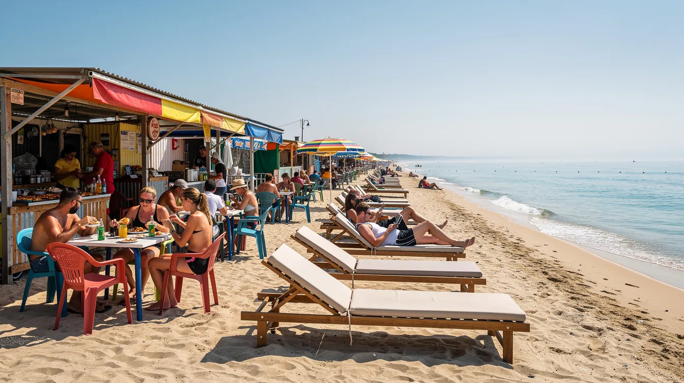 A vibrant beach scene at Bang Beach in Hoi An features casual seafood restaurants with plastic chairs set on soft sand, alongside loungers facing the calm blue water. This picturesque location is perfect for tourists and locals alike to relax, enjoy Vietnamese dishes, and soak up the sun on sunny days.