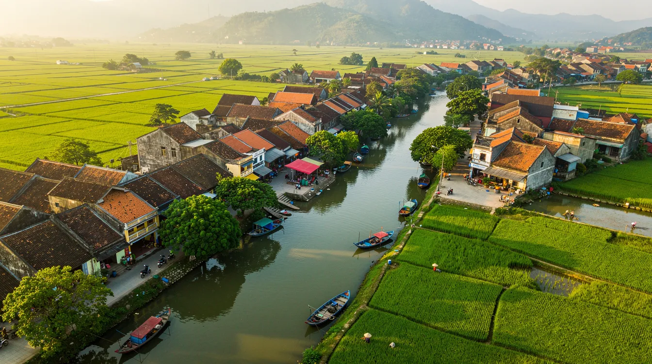 An aerial view captures a charming Vietnamese town, featuring traditional low-rise buildings with terracotta roofs nestled along the Thu Bon River, surrounded by lush green rice paddies. This picturesque scene highlights the serene beauty of Hoi An, a UNESCO World Heritage site known for its ancient town and vibrant local markets.