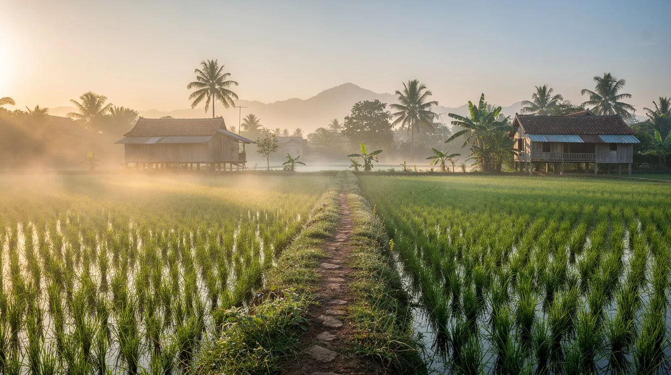 A serene morning view of lush green rice paddies with mist gently rising, featuring a narrow path that winds through the fields, while traditional Vietnamese houses can be seen in the distance, embodying the tranquil beauty of Hoi An, Vietnam. This picturesque scene highlights the area's rich agricultural landscape, perfect for a pleasant walk or exploration of local culture.